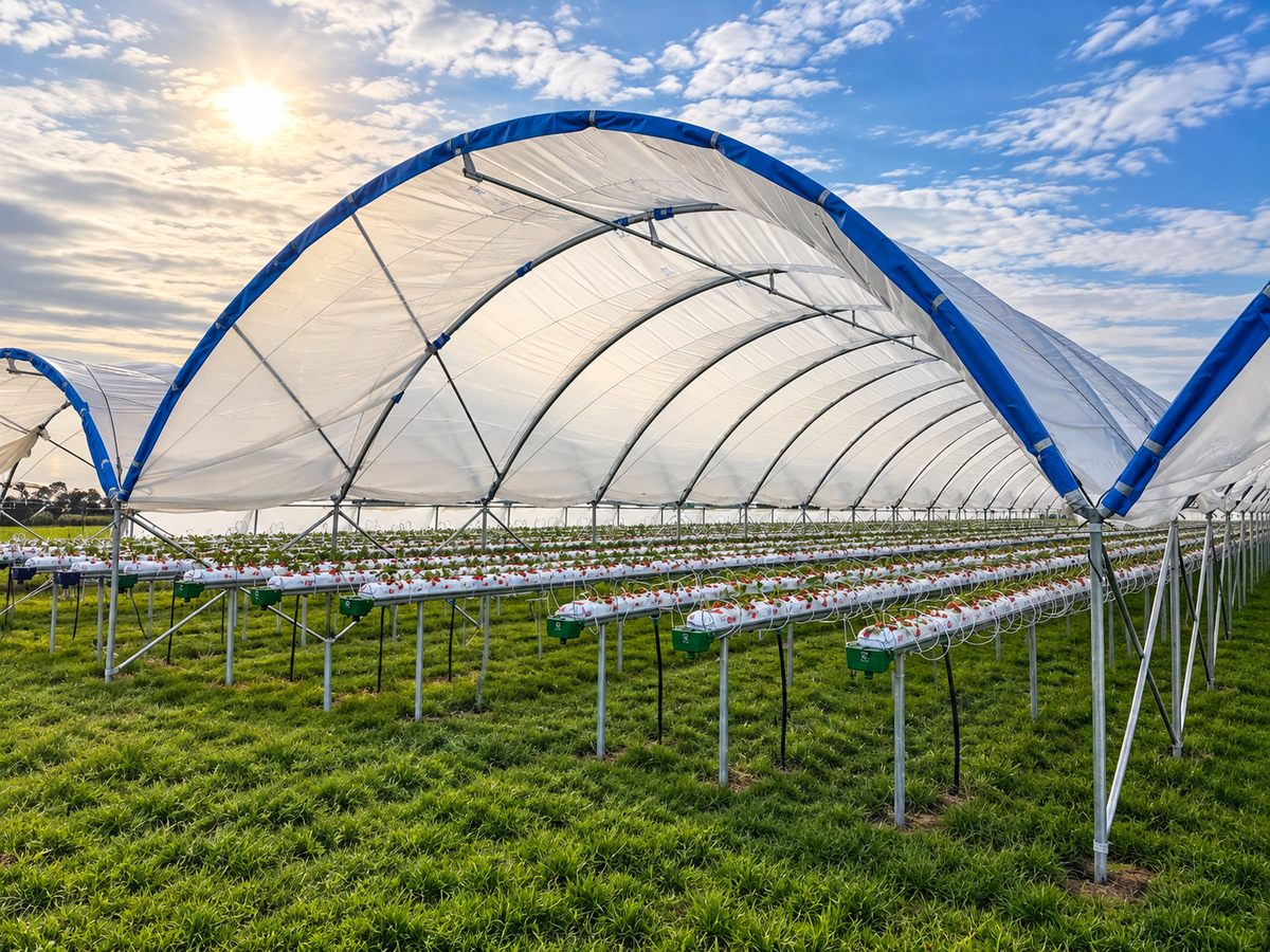 Harford Soft Fruit Cover tunnel with strawberry growing troughs