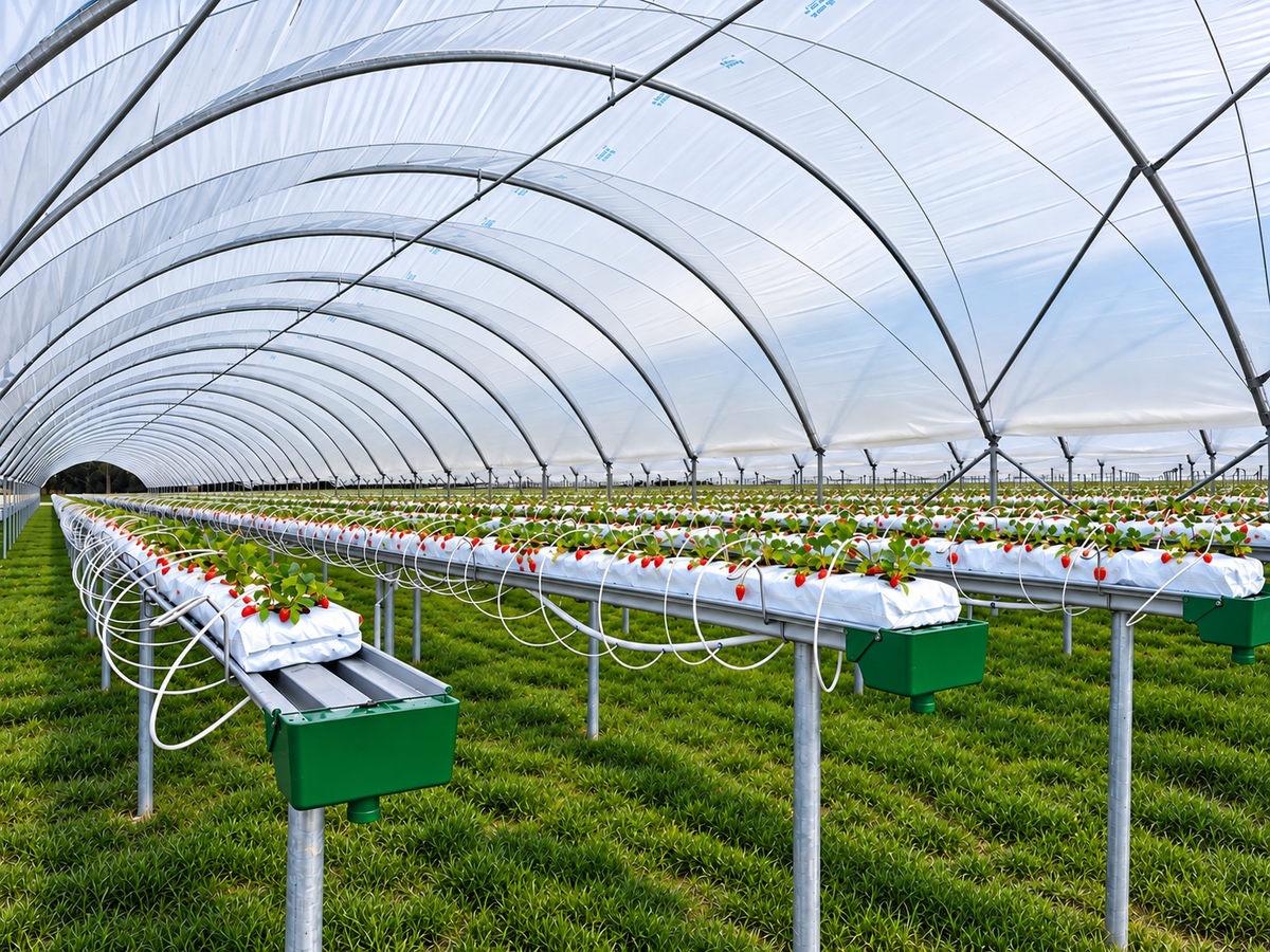 Side view of a Harford Soft Fruit Cover multi-span tunnel