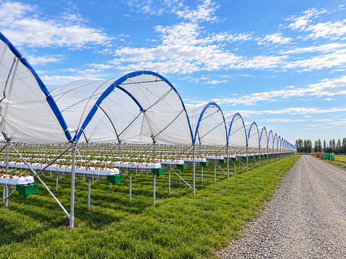 Harford Soft Fruit Cover tunnel structure against a blue sky
