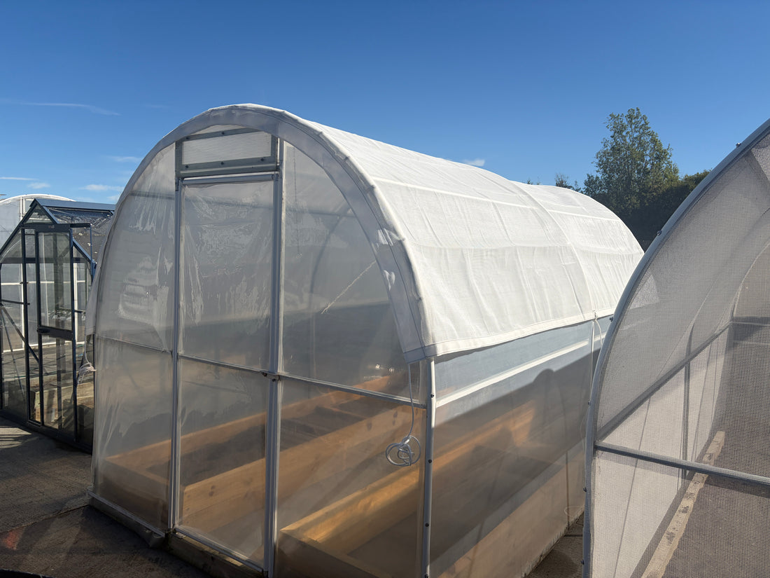 Harfords Home Gardener Shade Cover fitted over a tunnel house, front doorway view
